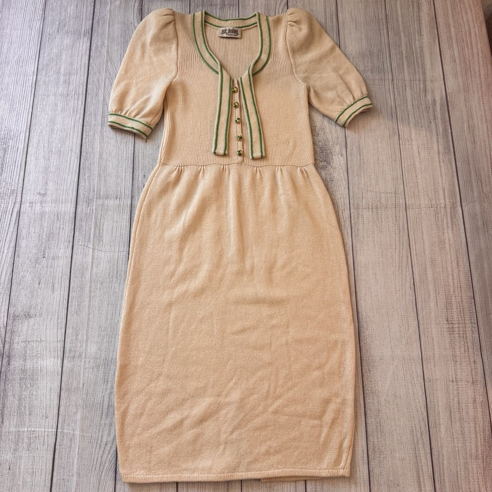 St John Santana Knit Vintage Midi Dress Cream Green Gold Button Puff Sleeve S - Picture 2 of 11